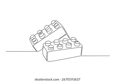 Tijolos brinquedos de construção em desenho contínuo de uma linha. Ilustração de uma única arte de linha de blocos de tijolos.

