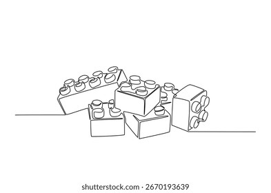 Ladrillos juguetes de construcción en dibujo continuo de una línea. Ilustración de arte de una sola línea de bloques de ladrillo.

