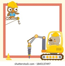 Bricks frame border text template with construction vehicle, owl and bear in worker helmet