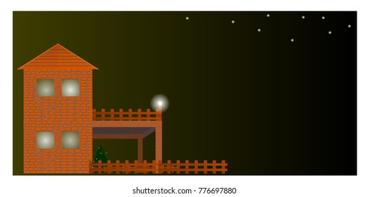 Bricks house with Christmas tree at night on stars background illustration vector