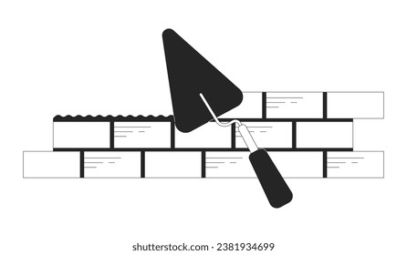 Bricks laying with trowel black and white 2D line cartoon object. Brick wall build. Brickwork construction isolated vector outline item. Homebuilding site monochromatic flat spot illustration