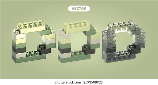 bricks letter D 3D vector icon set, on green background