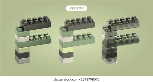 bricks letter F 3D vector icon set, on green background.  the material is metallic, basic, and glass