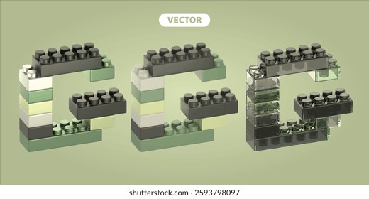 bricks letter G 3D vector icon set, on green background.  the material is metallic, basic, and glass