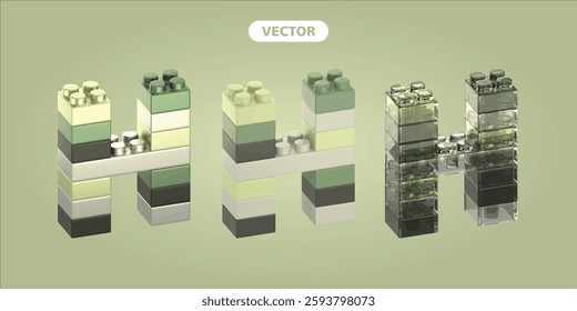 bricks letter H 3D vector icon set, on green background.  the material is metallic, basic, and glass