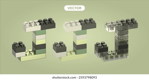 bricks letter J 3D vector icon set, on green background