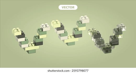 bricks letter V 3D vector icon set, on green background.  the material is metallic, basic, and glass