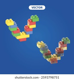 bricks letter V 3D vector icon set, on dark blue background