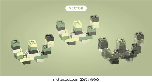 bricks letter W 3D vector icon set, on green background.  the material is metallic, basic, and glass