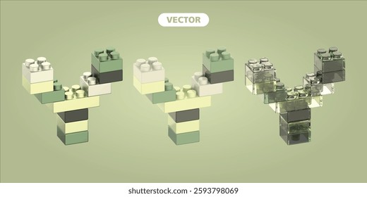 bricks letter Y 3D vector icon set, on green background.  the material is metallic, basic, and glass