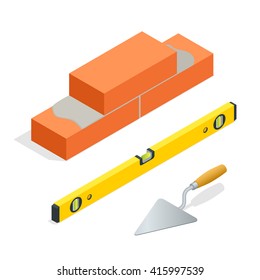 Bricks and masonry tools. Flat 3d isometric vector illustration.