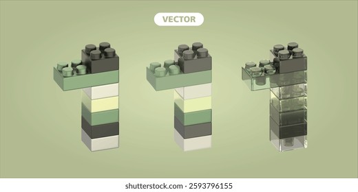 bricks number 1 3D vector icon set, on green background. the material is metallic, basic, and glass