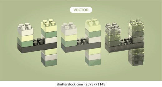 bricks number 4 3D vector icon set, on green background. the material is metallic, basic, and glass
