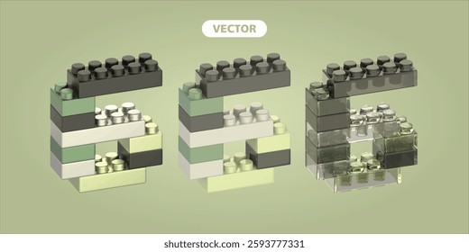 bricks number 6 3D vector icon set, on green background. the material is metallic, basic, and glass