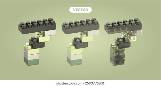 bricks number 7 3D vector icon set, on green background. the material is metallic, basic, and glass