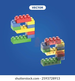 bricks number 9 3D vector icon set, on dark blue background