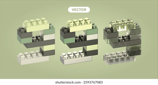 bricks number 9 3D vector icon set, on green background. basic, metallic, and glass