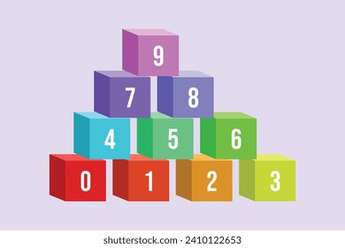 Bricks with numbers. Numeral cube concept. Colored flat vector illustration isolated.