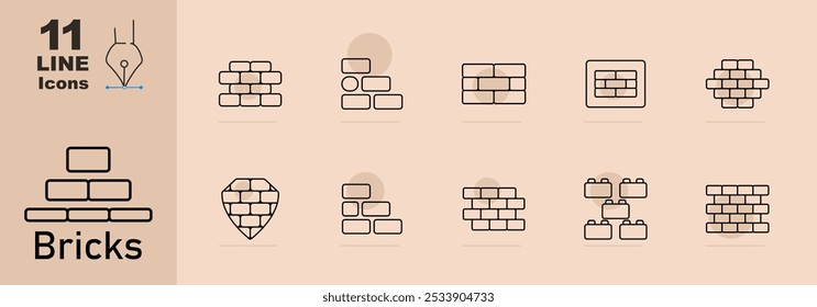 Bricks set icon. Stacked, uneven, diamond, wall framed bricks, shield-shaped, arranged bricks stack with gaps, rectangular