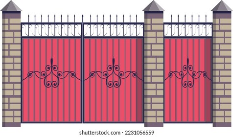 Ladrillos o gatos de piedra protegen las compuertas con recubrimiento metálico, protección de la puerta de entrada de la madera de la valla de ilustración plana vectorial, aislada en blanco.