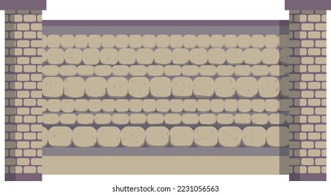 Ladrillos o gatos de piedra protegen las compuertas con recubrimiento metálico, protección de la puerta de entrada de la madera de la valla de ilustración plana vectorial, aislada en blanco.