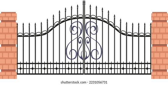 Bricks or stone protect gates with metal plating, protective timber entrance gateway fence flat vector illustration, isolated on white.