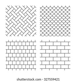 Tijolos, telhado de azulejos e texturas sem costura em mosaico. Padrões geométricos lineares. Texturas modernas. Texturas em fundo branco. Vetor