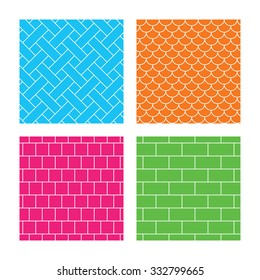 Bricks, tile roof and mosaic seamless textures. Linear geometric patterns. Modern textures. Textures on colored squares. Vector