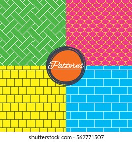 Bricks, tile roof and mosaic seamless textures. Linear geometric patterns. Modern textures. Abstract patterns with colored background. Vector