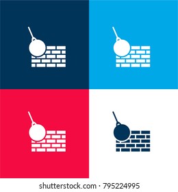Bricks wall and demolition ball four color material and minimal icon logo set in red and blue
