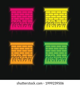 Ladrillos Muro con hojas de hierba Borde de cuatro colores brillante neón vectorial icono