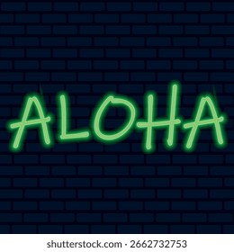 Fondo de ladrillo con Imagen de texto. Inscripción de saludo en estilo de Vector verde neón hawaiano.