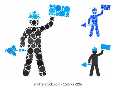 Brickwork builder composition of small circles in various sizes and color tones, based on brickwork builder icon. Vector small circles are organized into blue illustration.