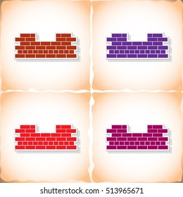 Brickwork. Flat sticker with shadow on old paper. Vector illustration