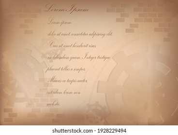 Brickwork, gears, and lettering. Abstract background in brown shades.