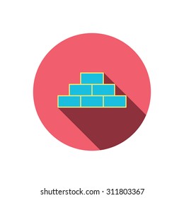 Brickwork icon. Brick construction sign. Red flat circle button. Linear icon with shadow. Vector