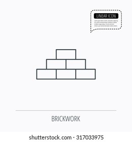 Brickwork icon. Brick construction sign. Linear outline icon. Speech bubble of dotted line. Vector