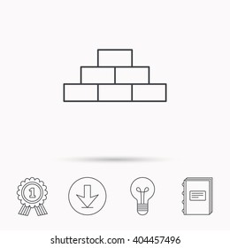 Brickwork icon. Brick construction sign. Download arrow, lamp, learn book and award medal icons.