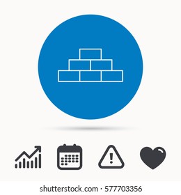 Brickwork icon. Brick construction sign. Calendar, attention sign and growth chart. Button with web icon. Vector