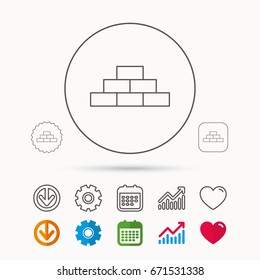 Brickwork icon. Brick construction sign. Calendar, Graph chart and Cogwheel signs. Download and Heart love linear web icons. Vector