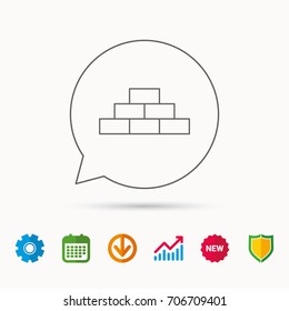 Brickwork icon. Brick construction sign. Calendar, Graph chart and Cogwheel signs. Download and Shield web icons. Vector