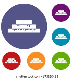 Brickwork icons set in flat circle reb, blue and green color for web