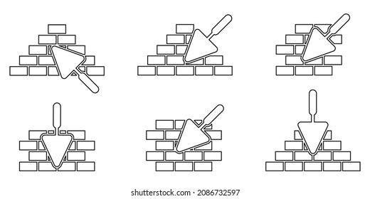 Brickwork icons set. Trowel and brick icon. Construction or repair linear symbols. Vector illustration. Brickwork and building trowel icon.