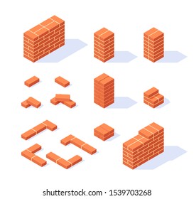 Brickwork isometric concept. Masonry items in flat style. Vector illustration on a white background.