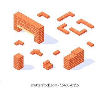 Brickwork isometric icons. Masonry items in flat style. Vector illustration on a white background.