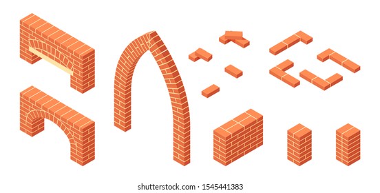 Brickwork isometric icons. Masonry items in flat style. Vector illustration on a white background.