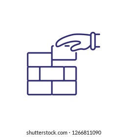 Brickwork line icon. Hand, brick wall, site. Construction concept. Can be used for topics like contractor, blue collar, bricklayer