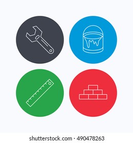 Brickwork, measurement and adjustable wrench icons.