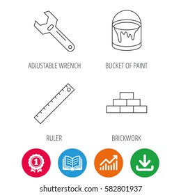 Brickwork, measurement and adjustable wrench icons. Bucket of paint linear sign. Award medal, growth chart and opened book web icons. Download arrow. Vector