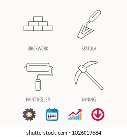 Brickwork, spatula and mining icons. Paint roller linear sign. Calendar, Graph chart and Cogwheel signs. Download colored web icon. Vector
